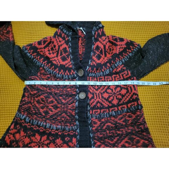 Free People Aztec Boho Western Y2K Button Red Brown Hooded Sweater GUC Large - Picture 2 of 5